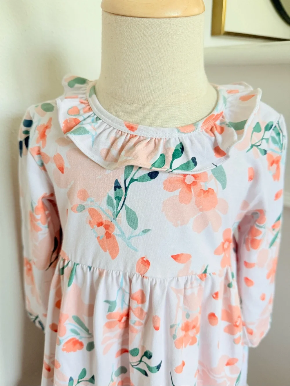 STITCHY-FISH Girls 3T Peach Floral Ruffle Collar Long Sleeve Dress